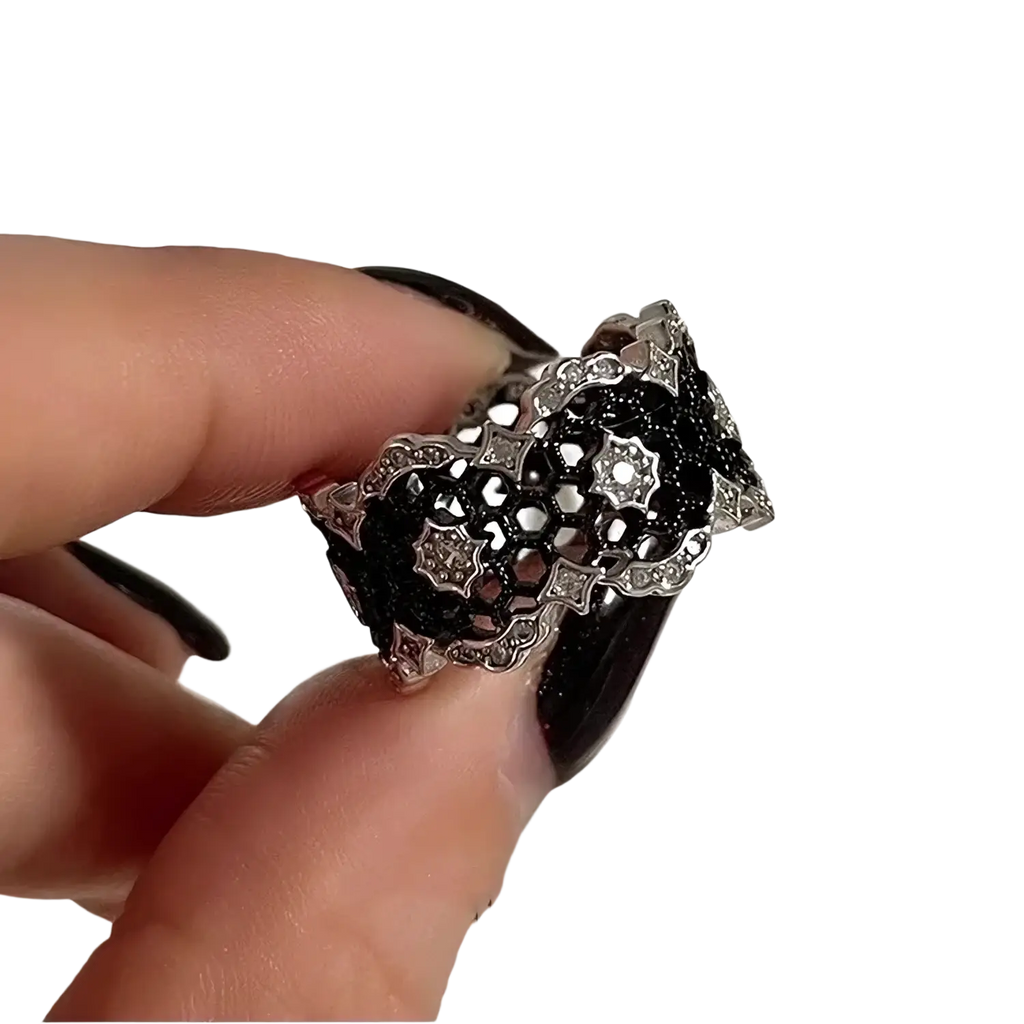 Sterling silver black geometric ring for women with ornate silver lace cutouts and embedded crystals