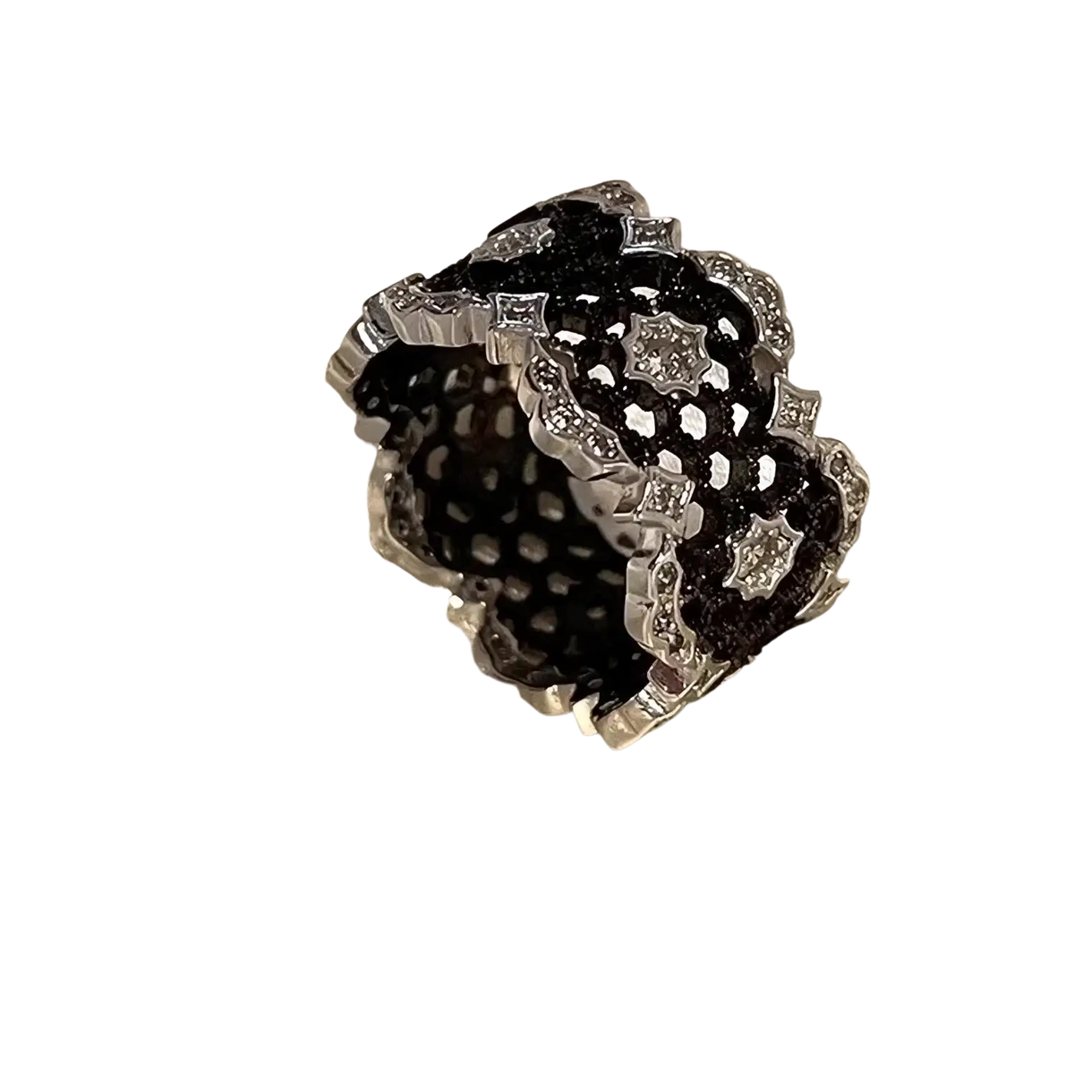 Sterling silver black geometric ring for women with intricate lace-like design and sparkling clear stones