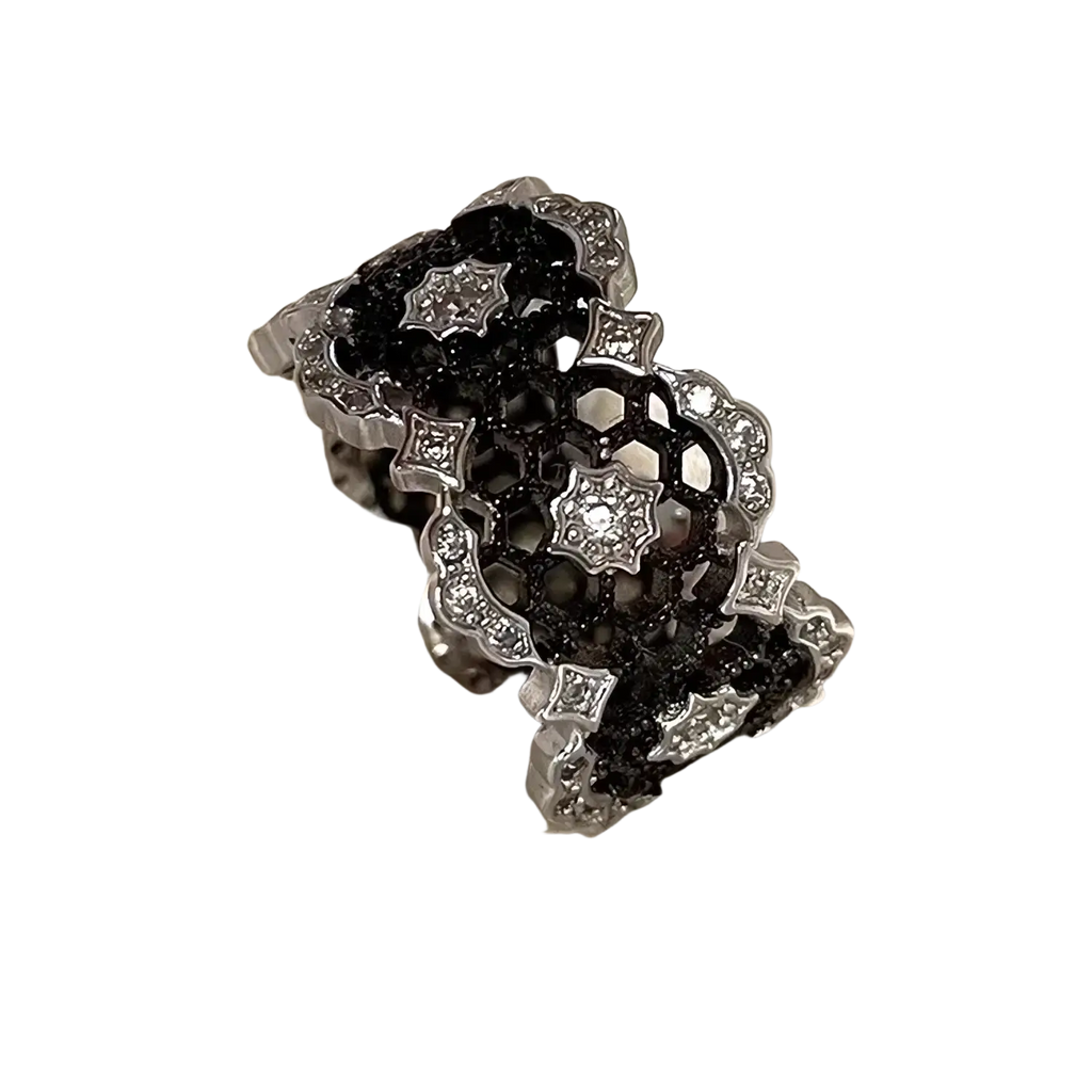 Sterling silver black geometric ring for women by patico with honeycomb pattern and sparkling clear stones