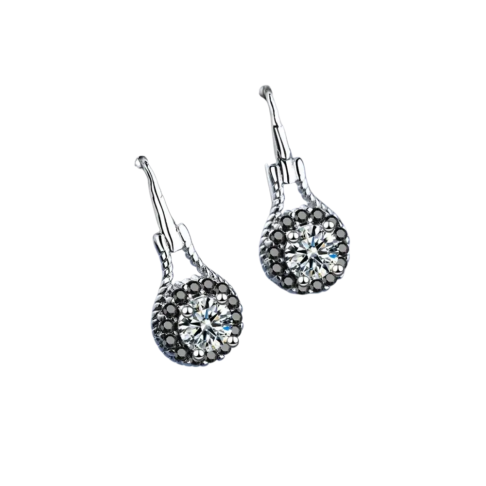 Sterling silver black spinel dangle earrings with central clear crystal and dark gray crystals on twisted wire hooks