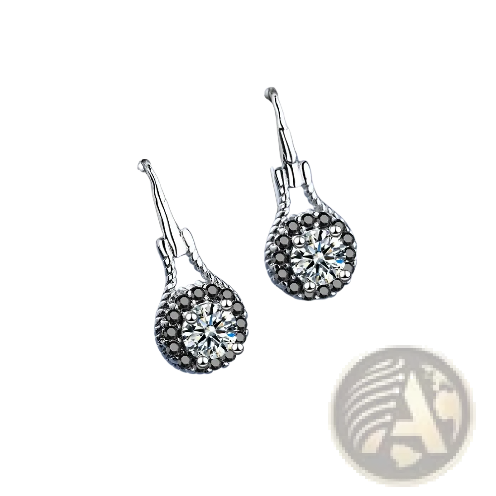 Sterling silver black spinel dangle earrings with central clear crystal and dark gray crystals on twisted wire hooks