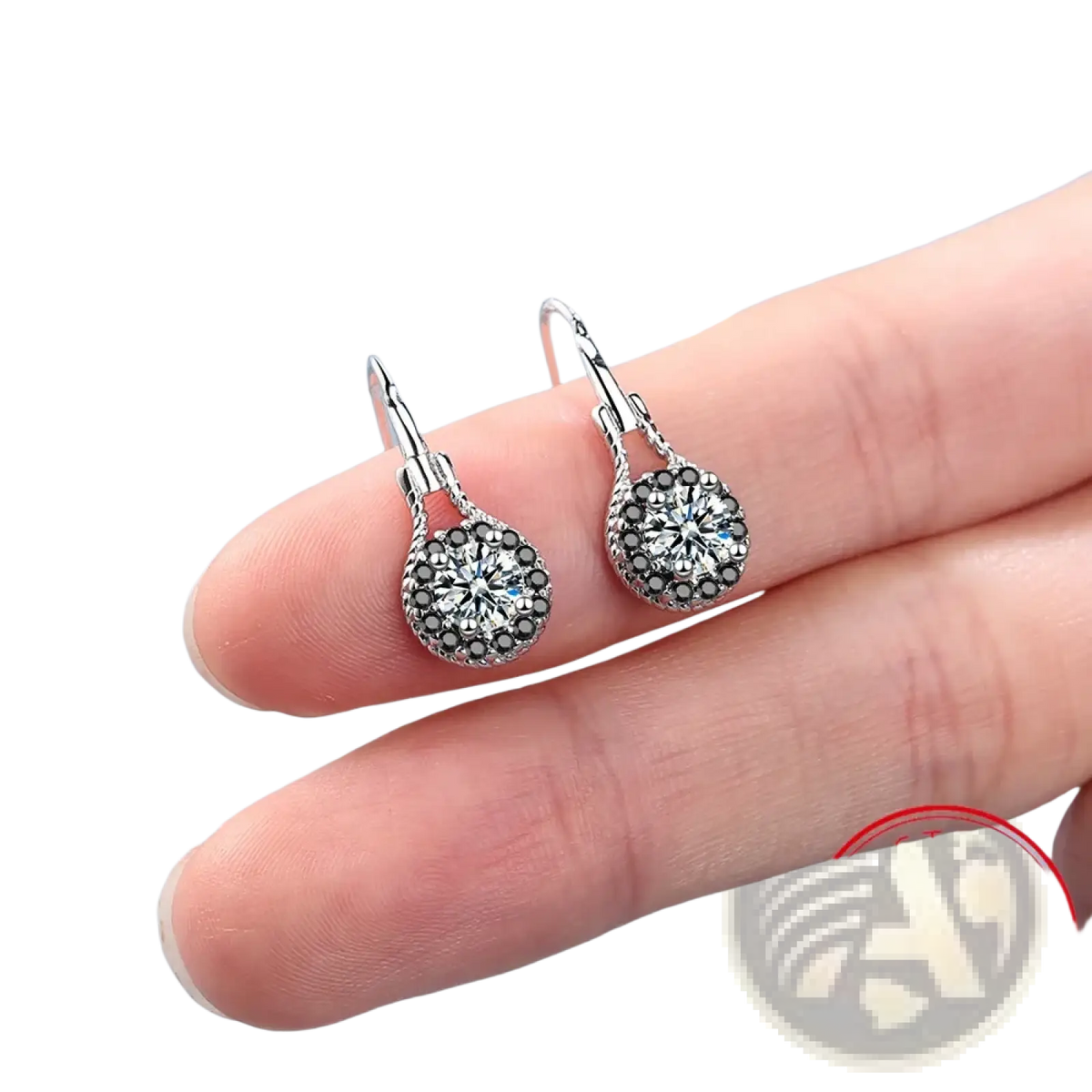 Sterling silver black spinel dangle earrings with a central clear crystal and surrounding black crystals in a circular design