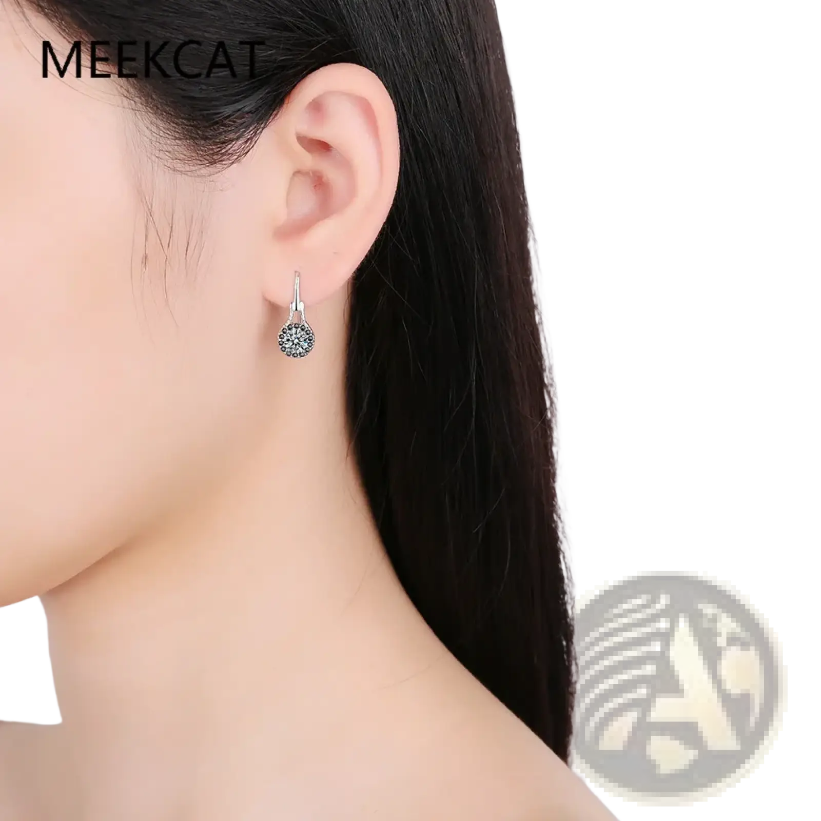 Sterling silver black spinel dangle earring with round pave-set crystal design in 925 sterling silver