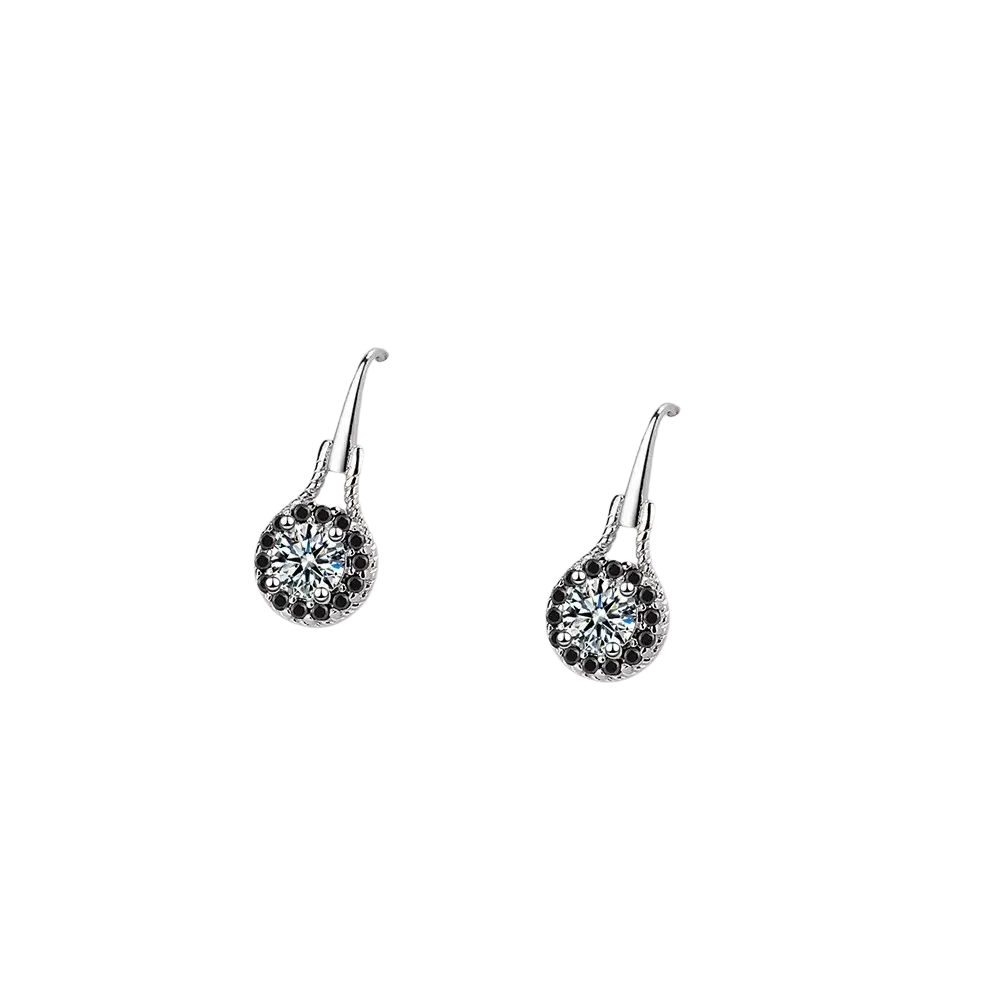 Sterling silver black spinel dangle earrings with a central clear crystal surrounded by black crystals