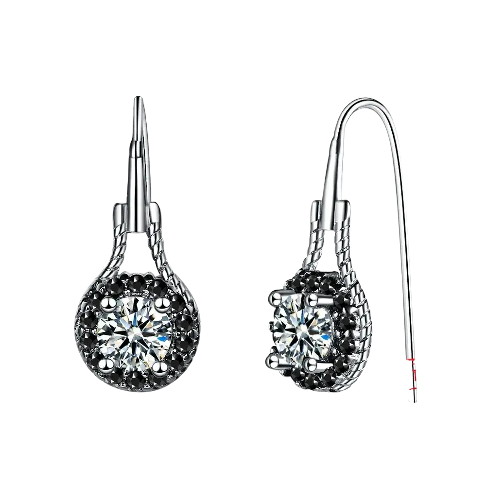 Sterling silver black spinel dangle earrings with a central clear gemstone and twisted wire design