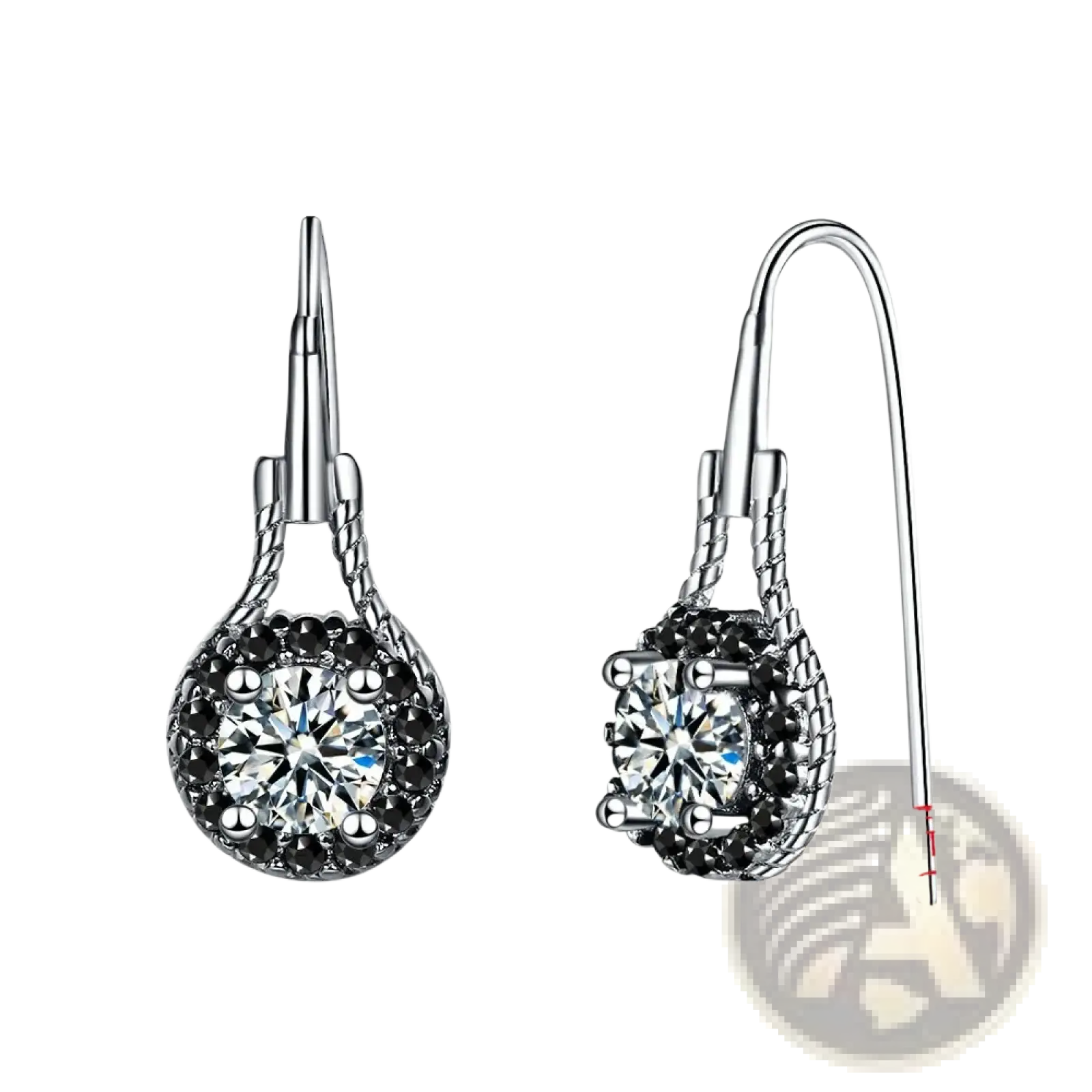 Sterling silver black spinel dangle earrings with a central clear gemstone and twisted wire design