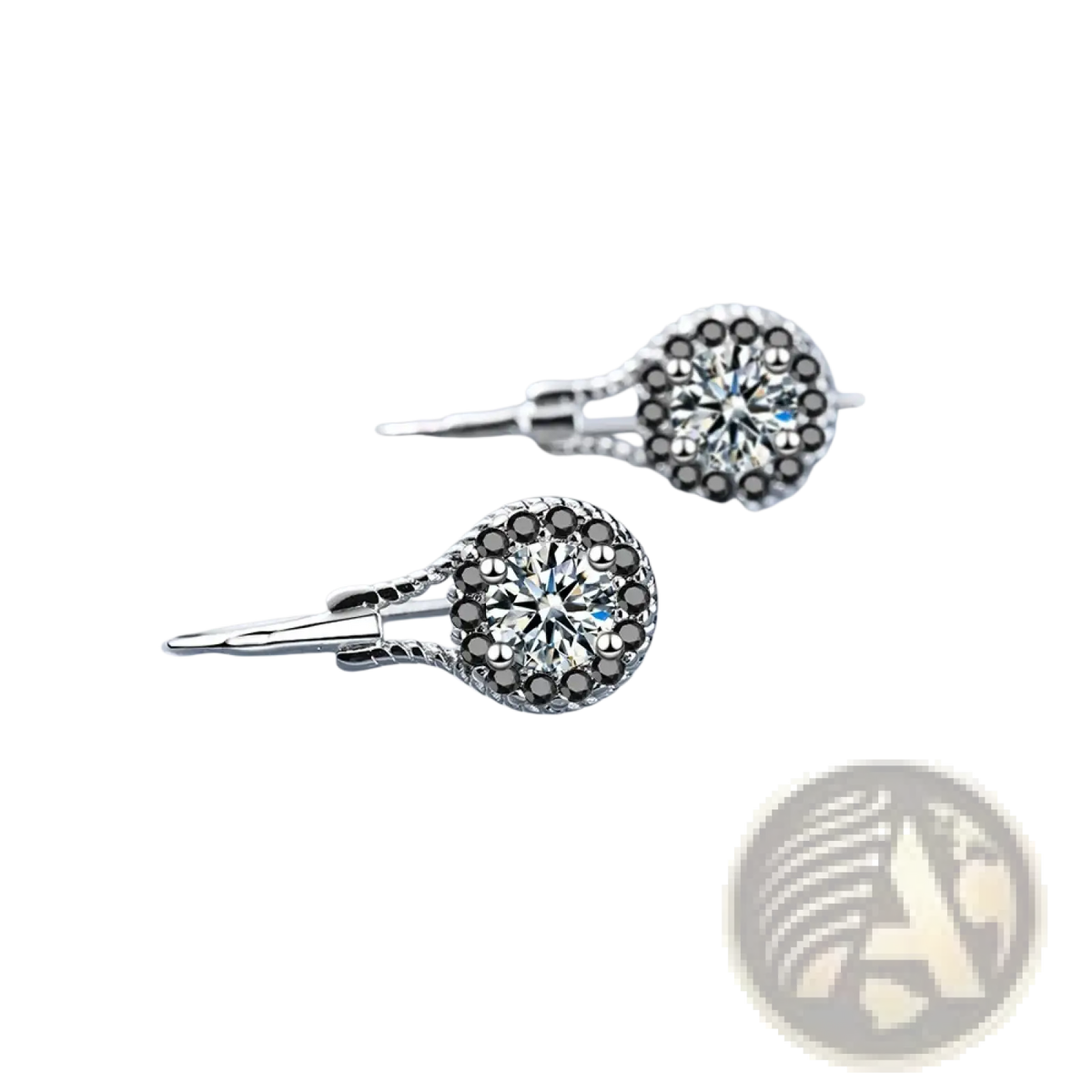 Sterling silver stud earrings with a round brilliant clear stone surrounded by dark gray marcasite stones