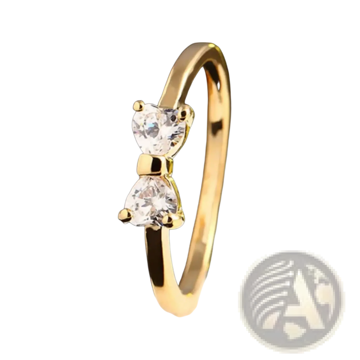 Sterling silver bow cubic zirconia wedding band in gold tone with two clear heart-cut crystals in a delicate design