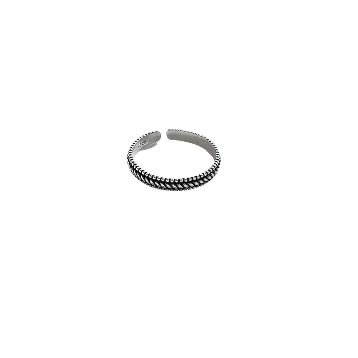Sterling silver braided toe ring with a delicate textured beaded design and an adjustable opening for comfort