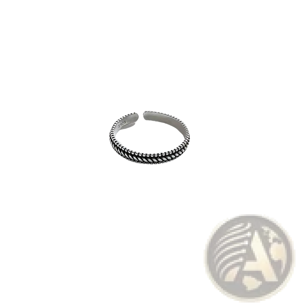 Sterling silver braided toe ring with a delicate textured beaded design and an adjustable opening for comfort