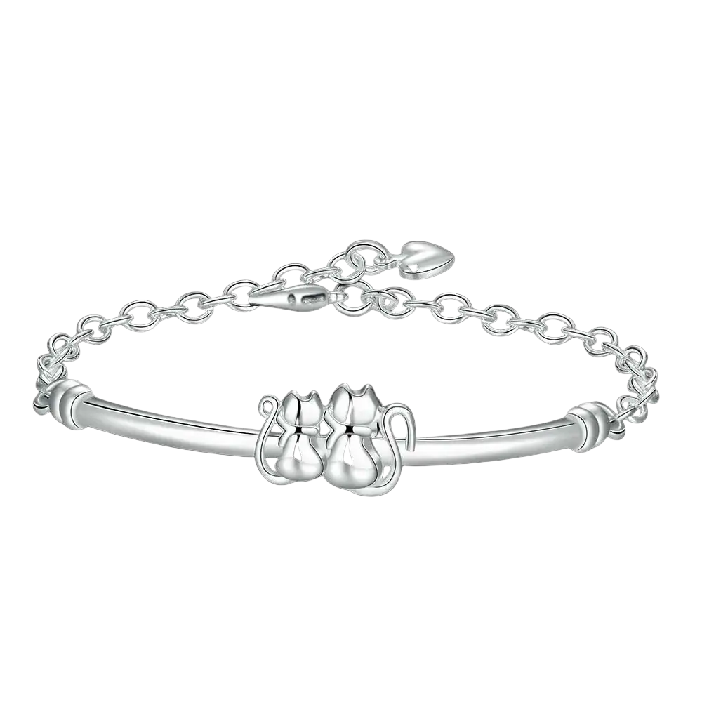 Sterling silver cat couple charm bracelet with two intertwined cats on a delicate adjustable band with clasp