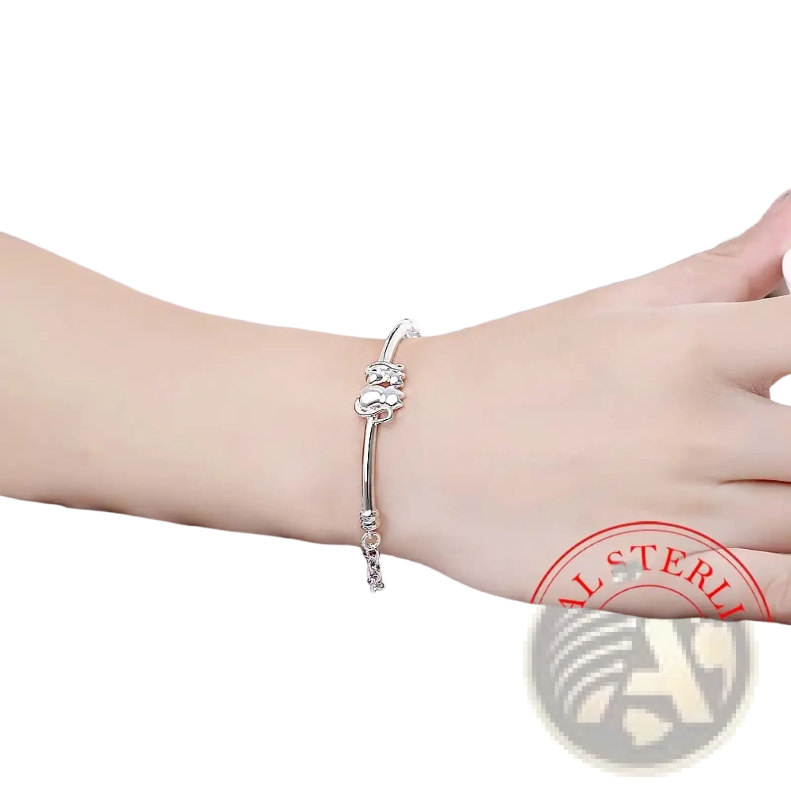 Sterling silver cat couple charm bracelet featuring a delicate silver bracelet with a cat charm and bead accents