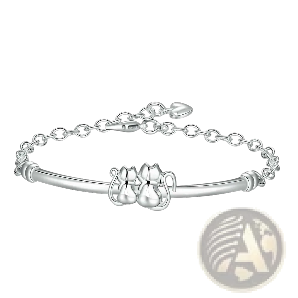 Sterling silver cat couple charm bracelet with two intertwined cats on a delicate adjustable band with clasp