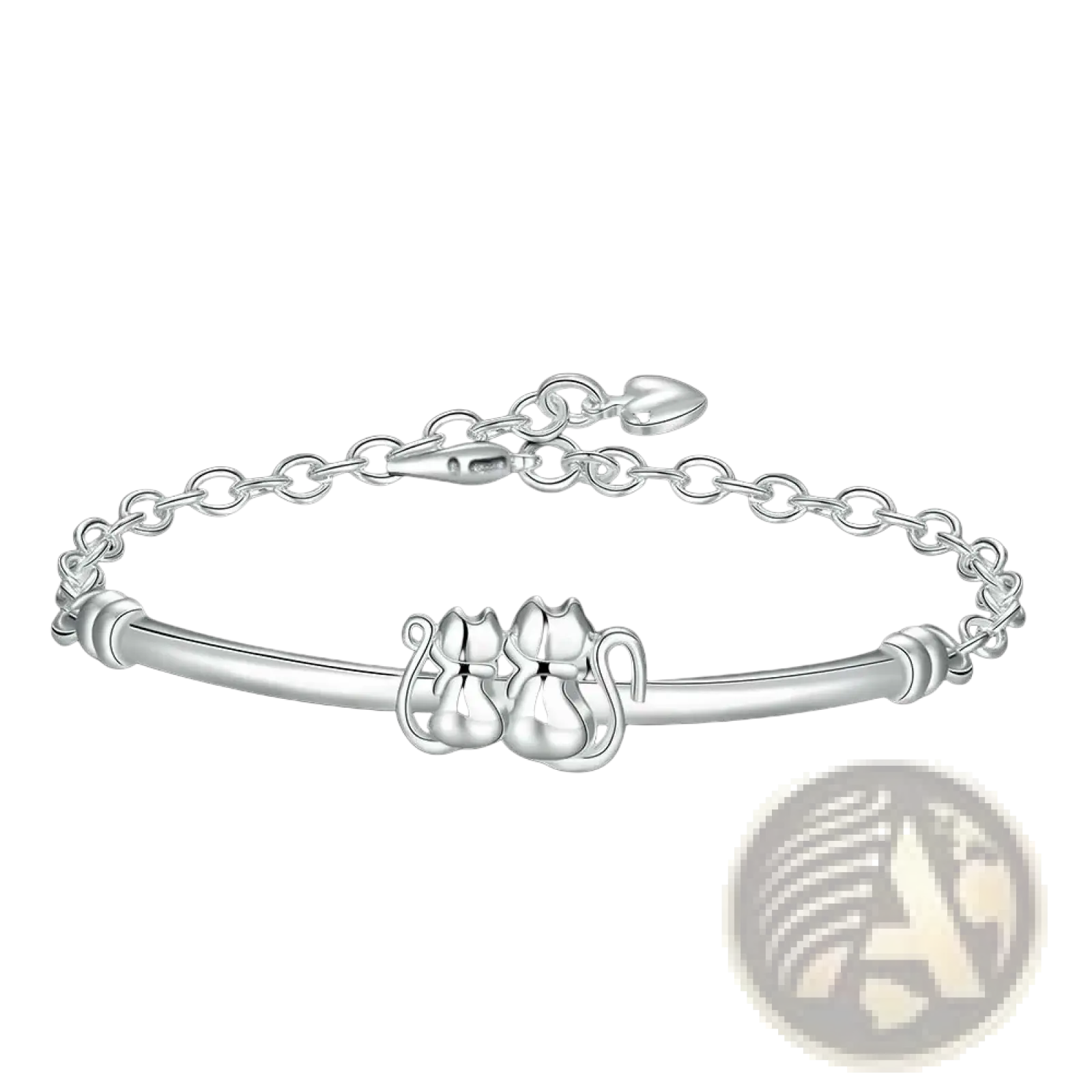 Sterling silver cat couple charm bracelet with two intertwined cats on a delicate adjustable band with clasp