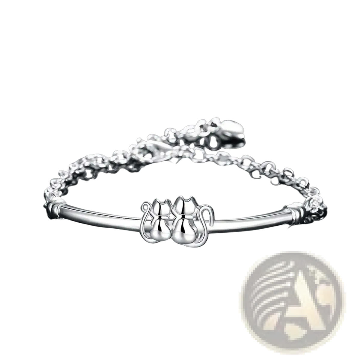 Sterling silver cat couple charm bracelet with two intricately designed cat figures on a polished chain