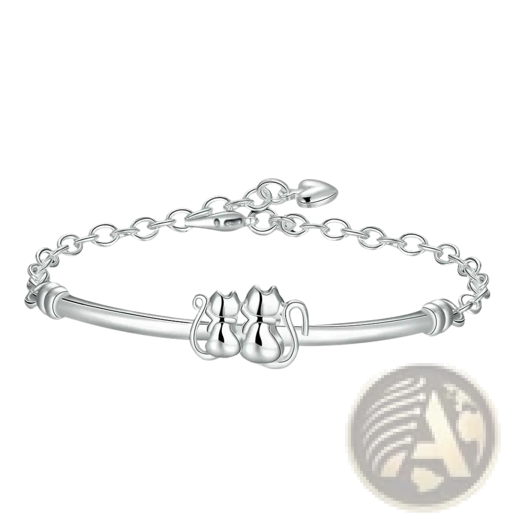 Sterling silver cat couple charm bracelet with two intricately designed cat figures on a polished band with chain closure