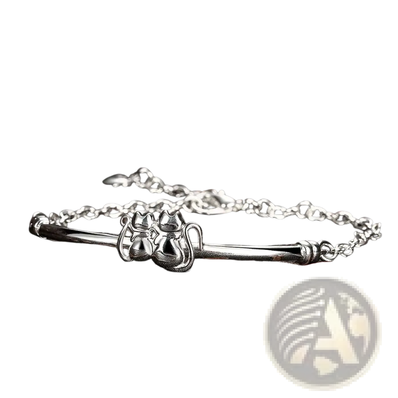 Sterling silver cat couple charm bracelet featuring a silver cat-themed bangle with delicate chain and polished finish