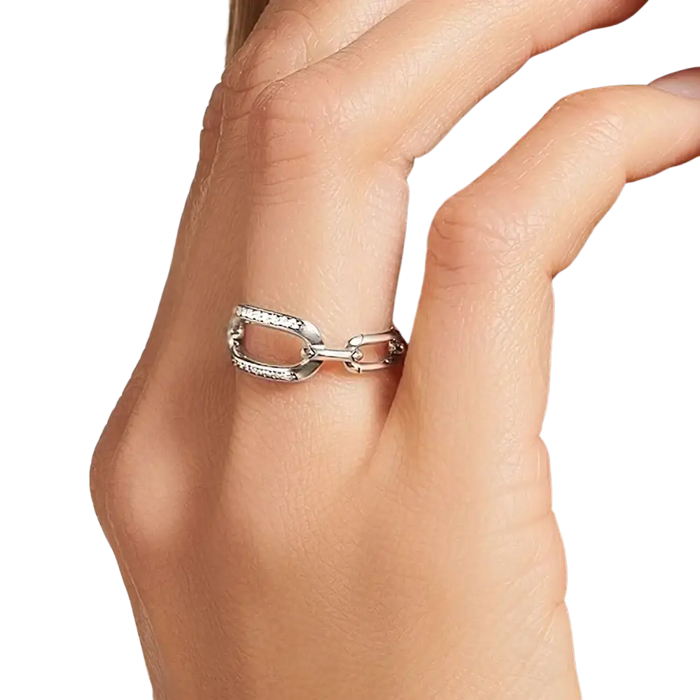 Sterling silver chain link zircon ring with embedded clear stones showcasing a polished silver finish