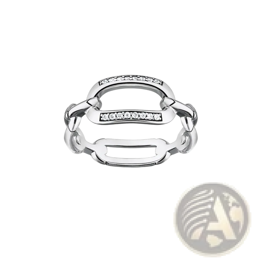 Sterling silver chain link zircon ring with sleek silver finish and two horizontal bands of clear stones