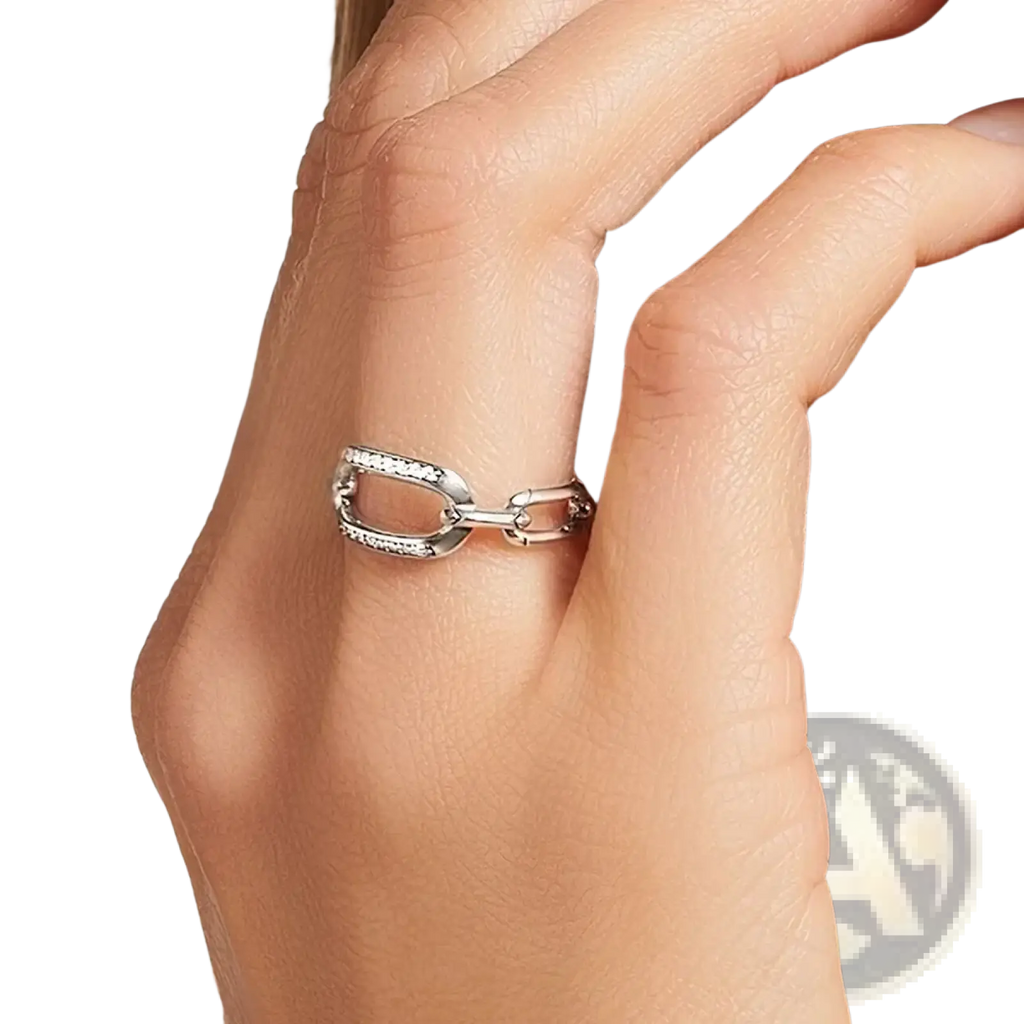 Sterling silver chain link zircon ring with embedded clear stones showcasing a polished silver finish