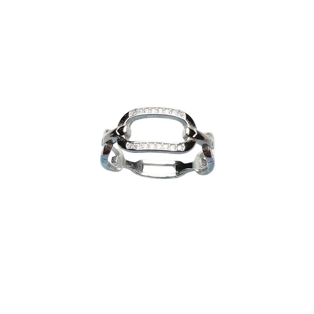 A sleek sterling silver chain link zircon ring with a bold oval centerpiece adorned with sparkling clear stones