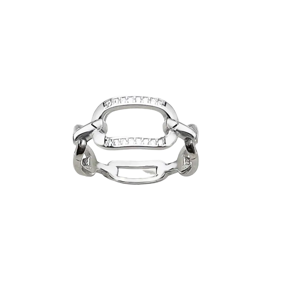 Sterling silver chain link zircon ring with sleek silver finish bold open-link design and clear stones on top edge