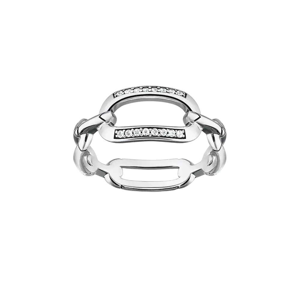 Sterling silver chain link zircon ring with sleek silver finish and two horizontal bands of clear stones