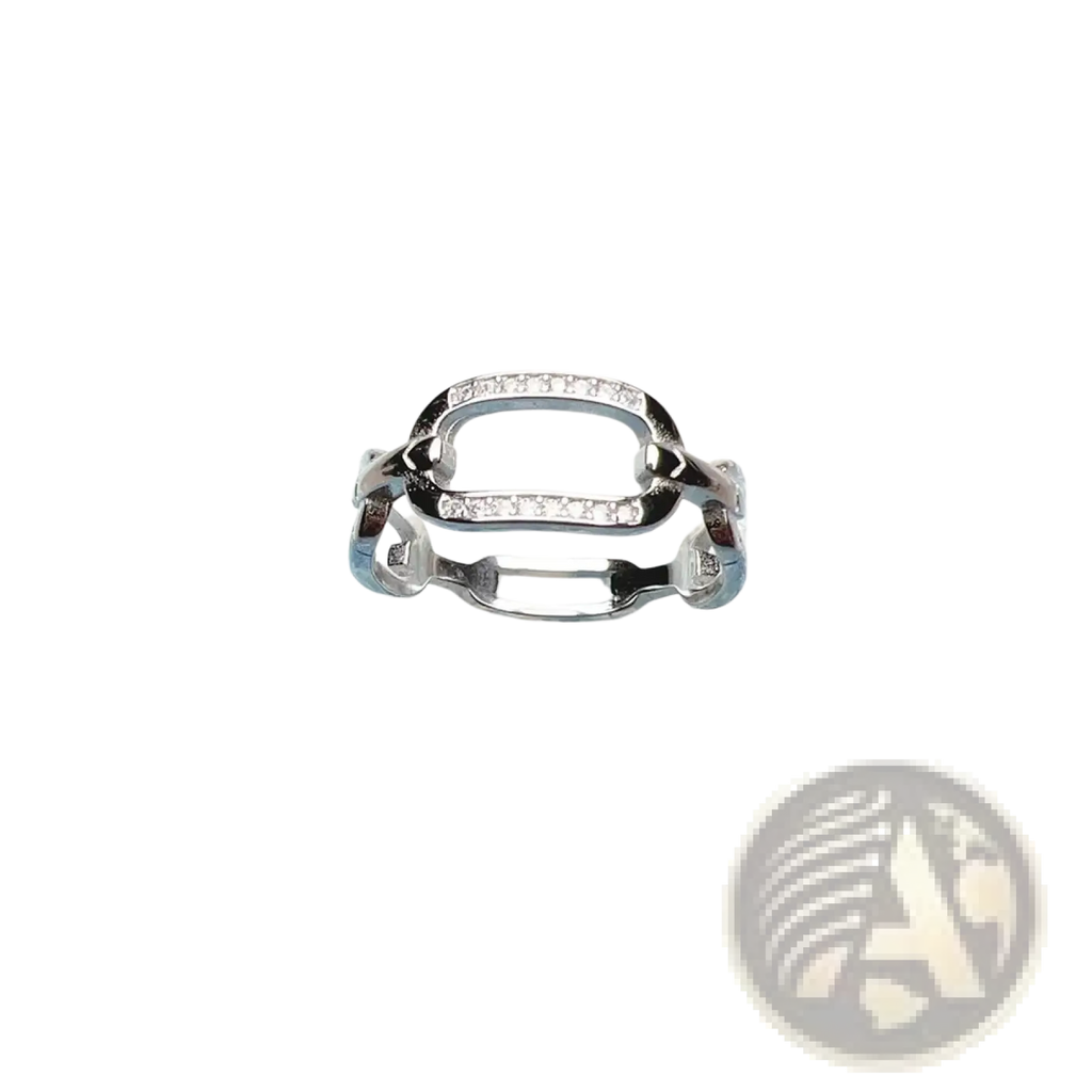 A sleek sterling silver chain link zircon ring with a bold oval centerpiece adorned with sparkling clear stones