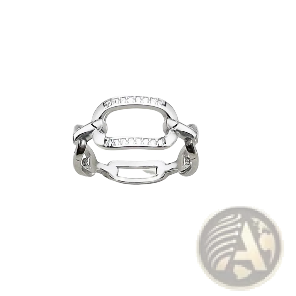 Sterling silver chain link zircon ring with sleek silver finish bold open-link design and clear stones on top edge