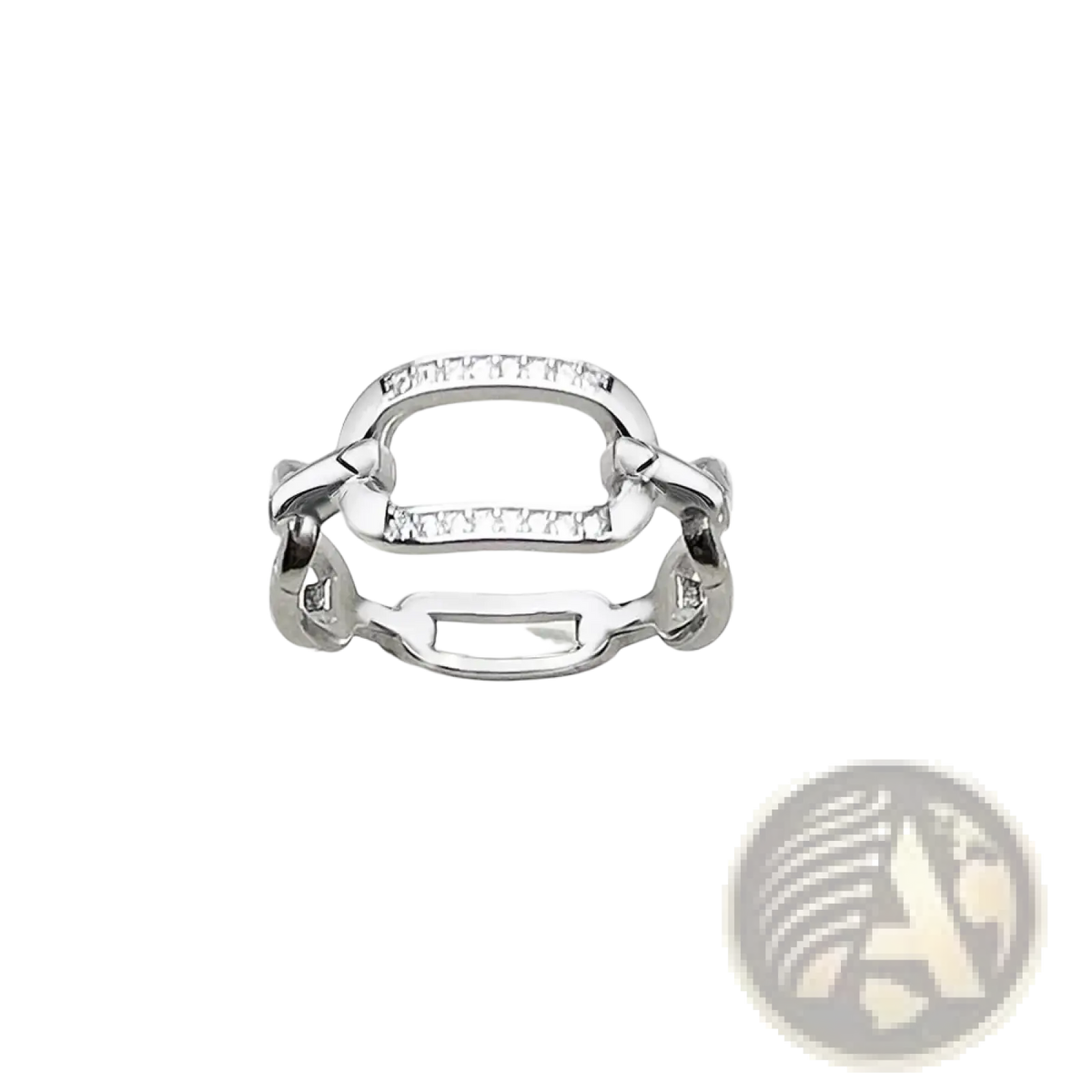 Sterling silver chain link zircon ring with sleek silver finish bold open-link design and clear stones on top edge