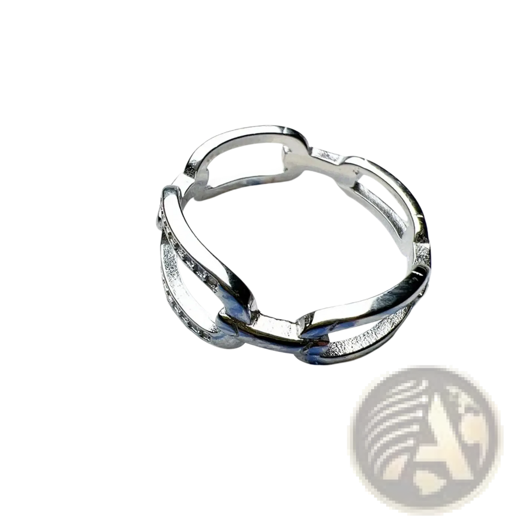 Sterling silver chain link zircon ring with adjustable open-link design and subtle embedded stones in silver tone