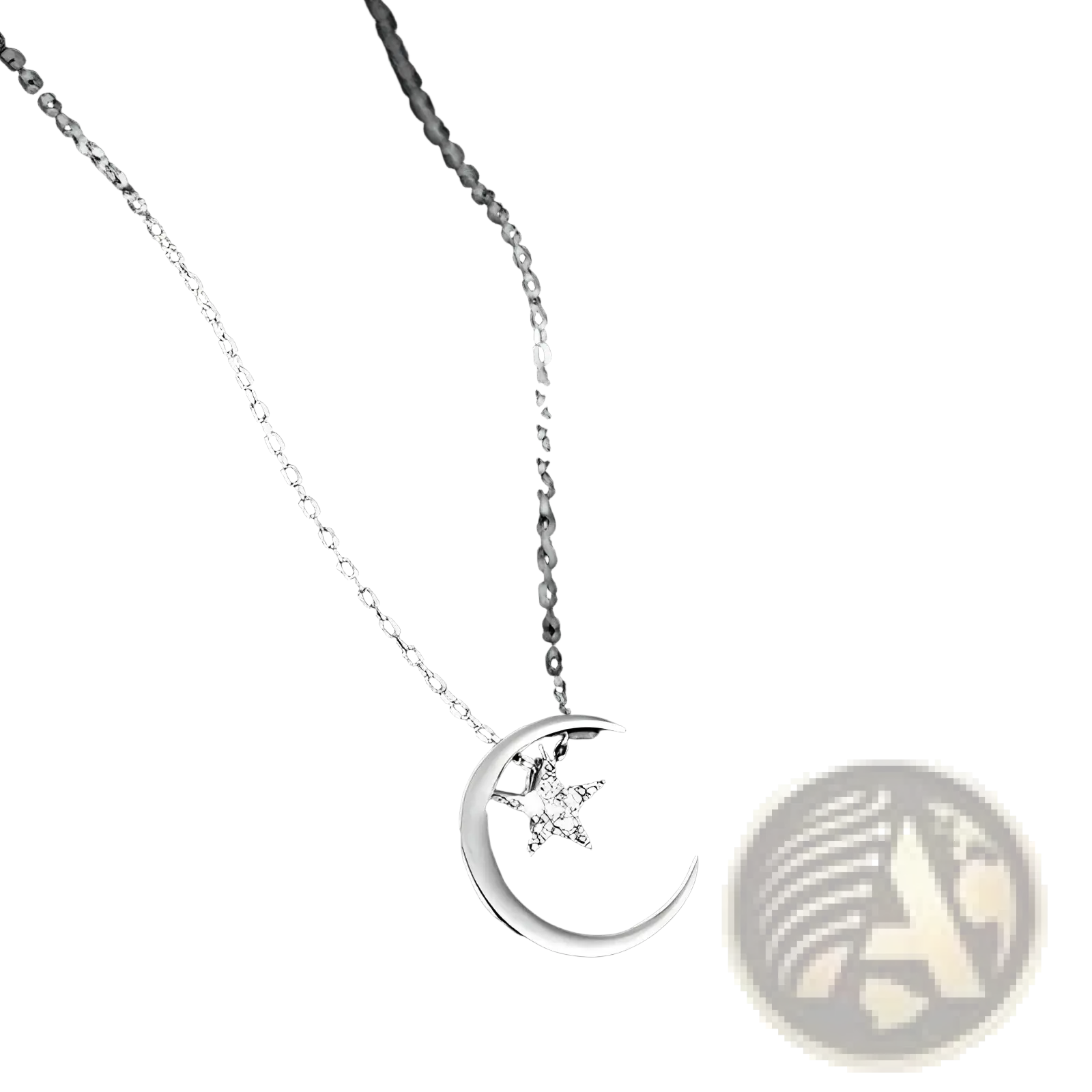 Sterling silver crescent moon and star pendant necklace with sparkling gemstones in silver tone