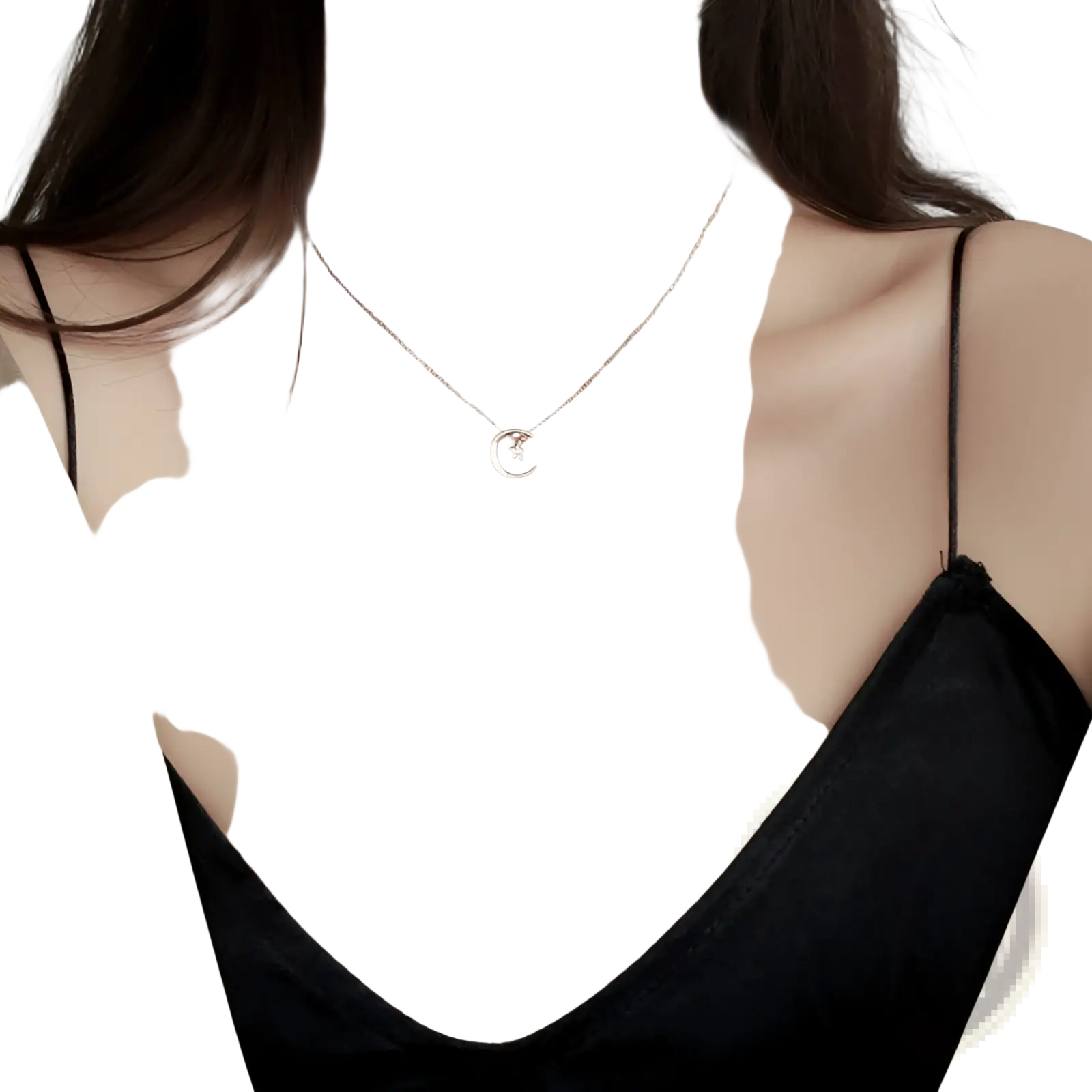 Sterling silver crescent moon and star pendant necklace with delicate crescent moon and embedded small star design