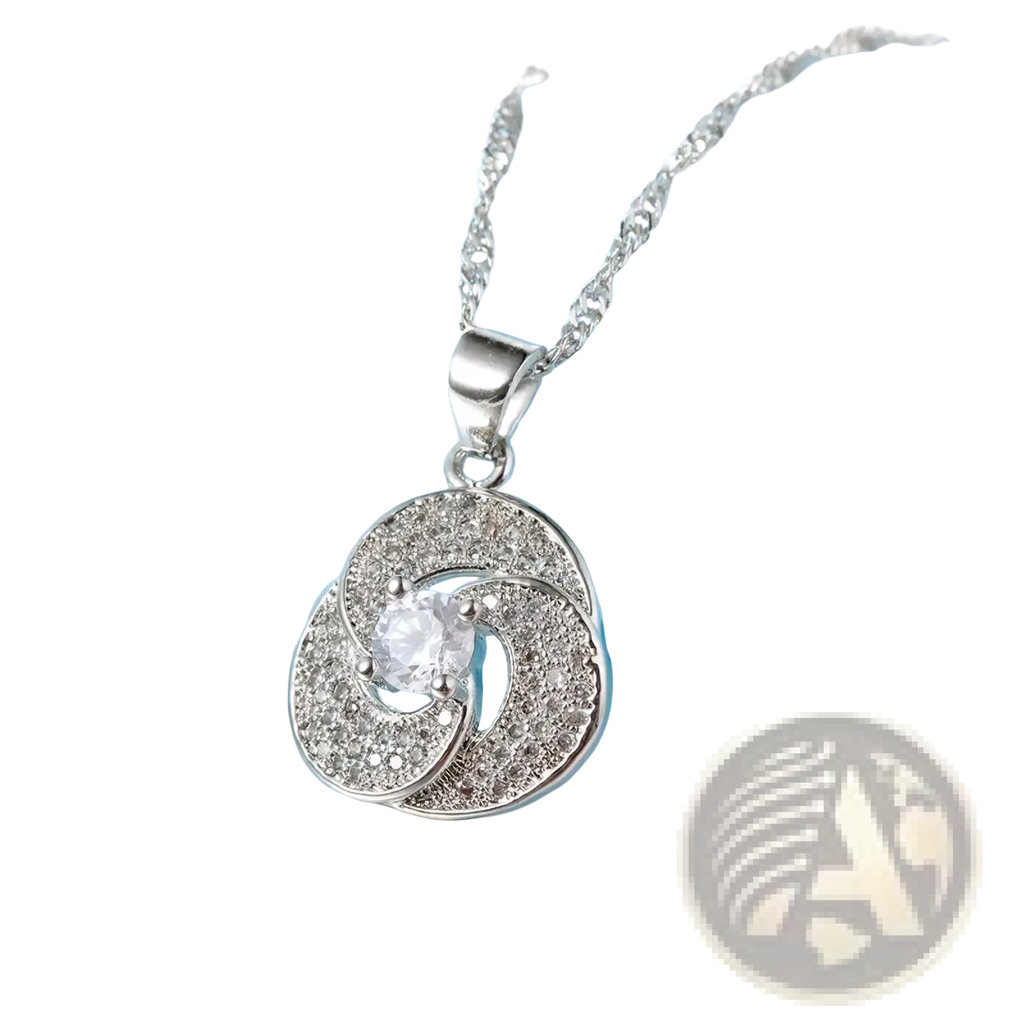 Sterling silver crystal bridal pendant necklace with swirling design and central clear gemstone surrounded by smaller stones
