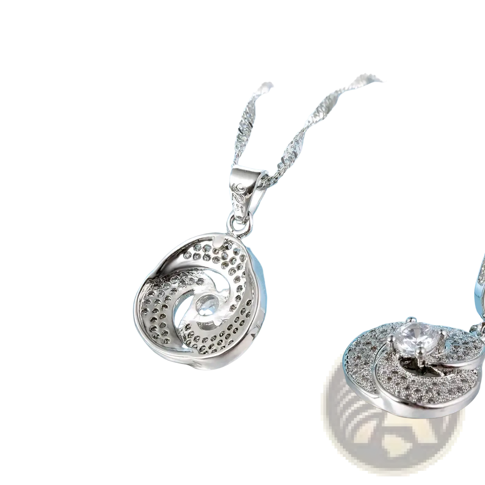 Sterling silver crystal bridal jewelry set featuring a silver spiral pendant necklace with clear crystals and delicate chain