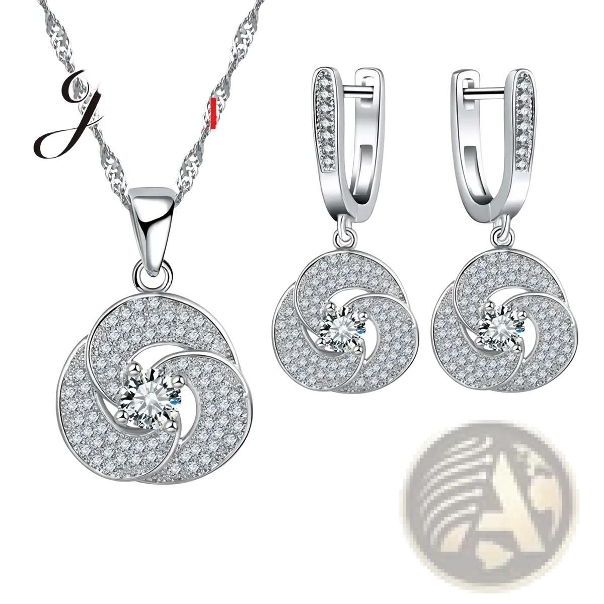 Sterling silver crystal bridal jewelry set featuring silver-toned swirling pendant and matching hoop earrings with clear crystals