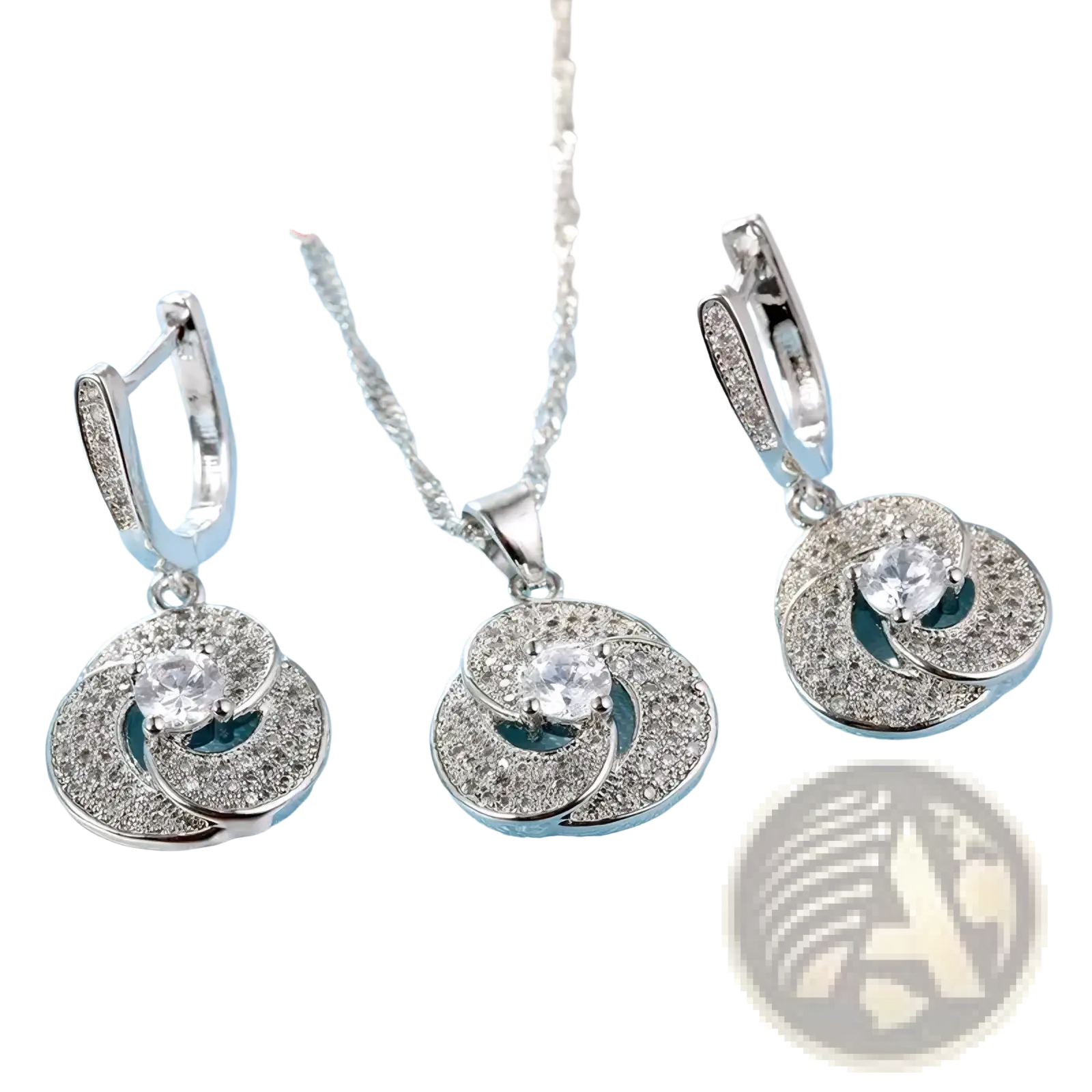Sterling silver crystal bridal jewelry set with silver-toned swirling circular design, clear cubic zirconia, and teal accents