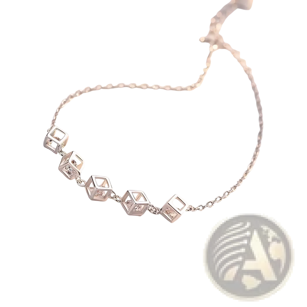 Sterling silver cubic charm bracelet with clear crystal accents and delicate geometric chain design in zirconia jewelry set