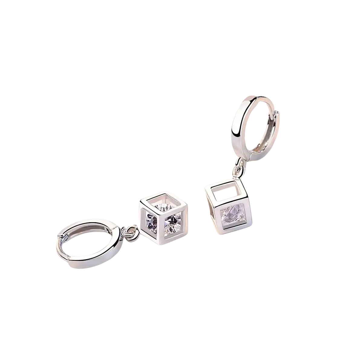 Sterling silver cube zirconia drop earrings with clear crystal accents and a sleek hinged minimalist design