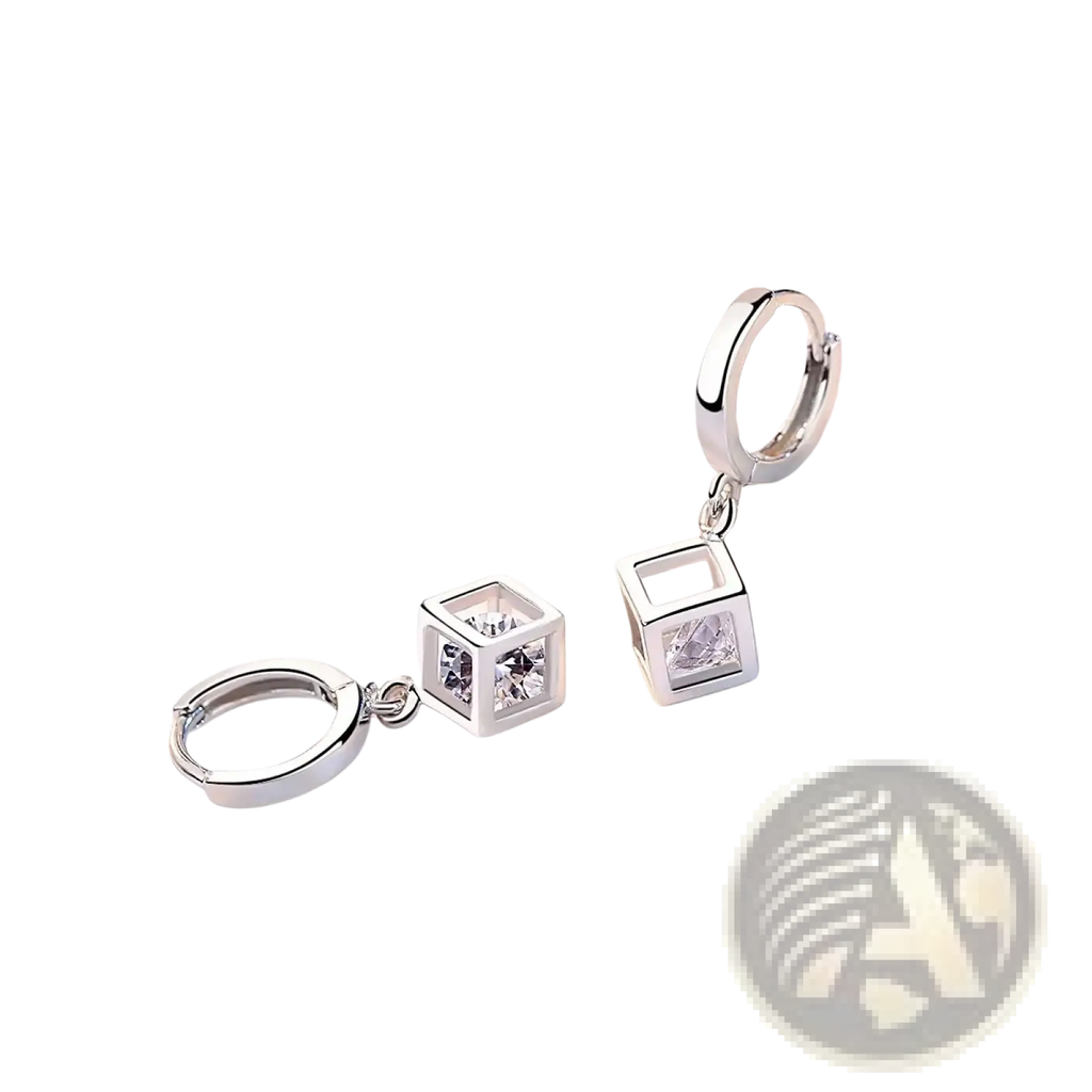 Sterling silver cube zirconia drop earrings with clear crystal accents and a sleek hinged minimalist design