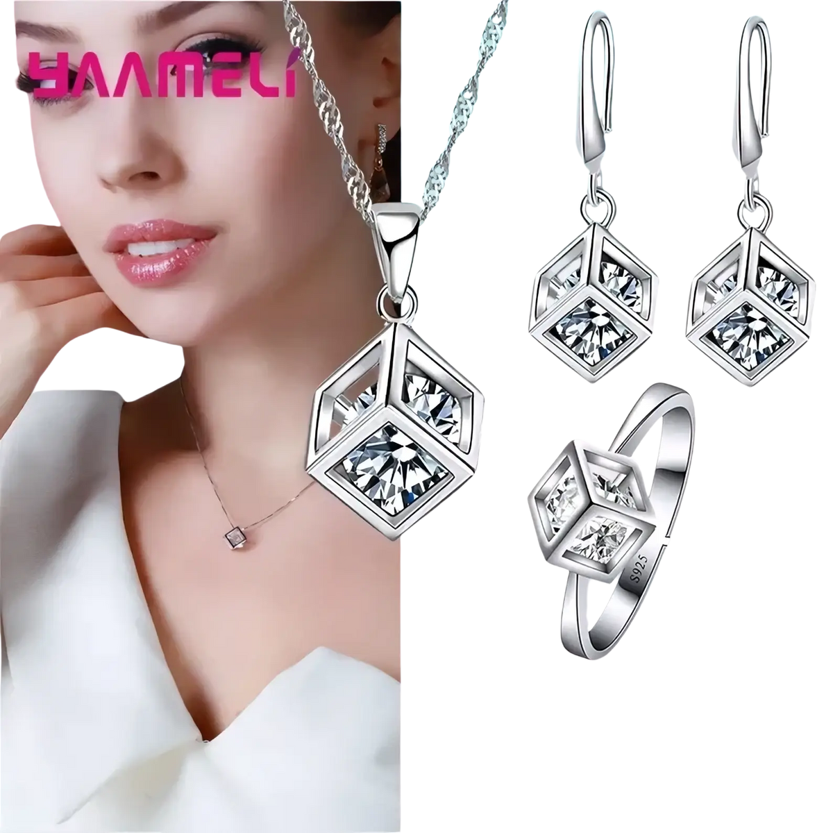 Sterling silver cube pendant necklace with clear zirconia stones in a modern geometric faceted design