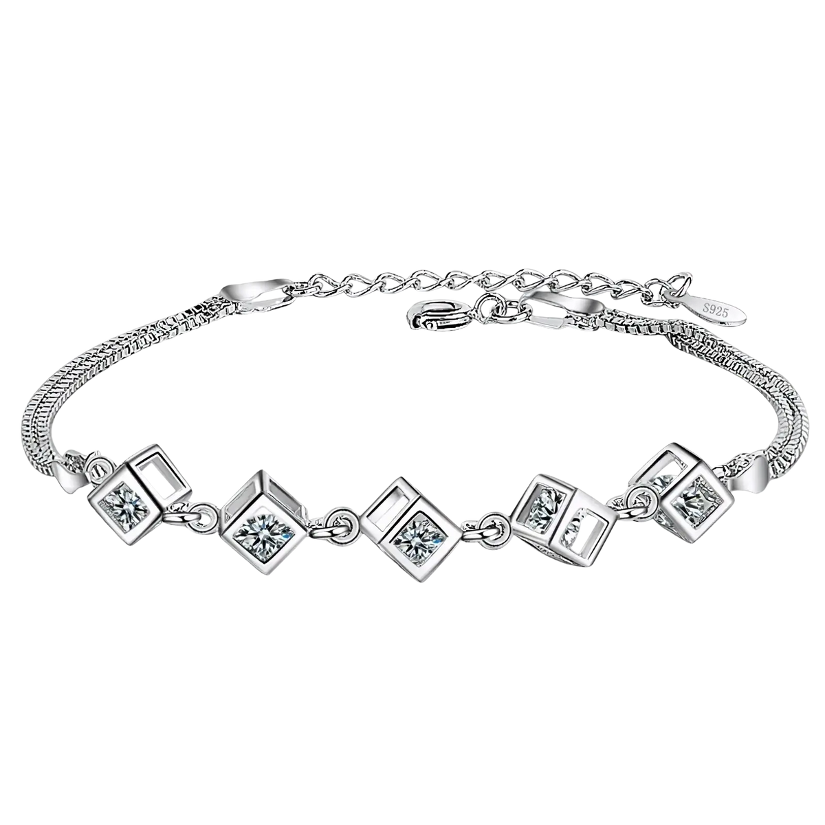 Sterling silver jemmin bracelet with square-cut crystal accents and textured snake-link chain from cube zirconia set