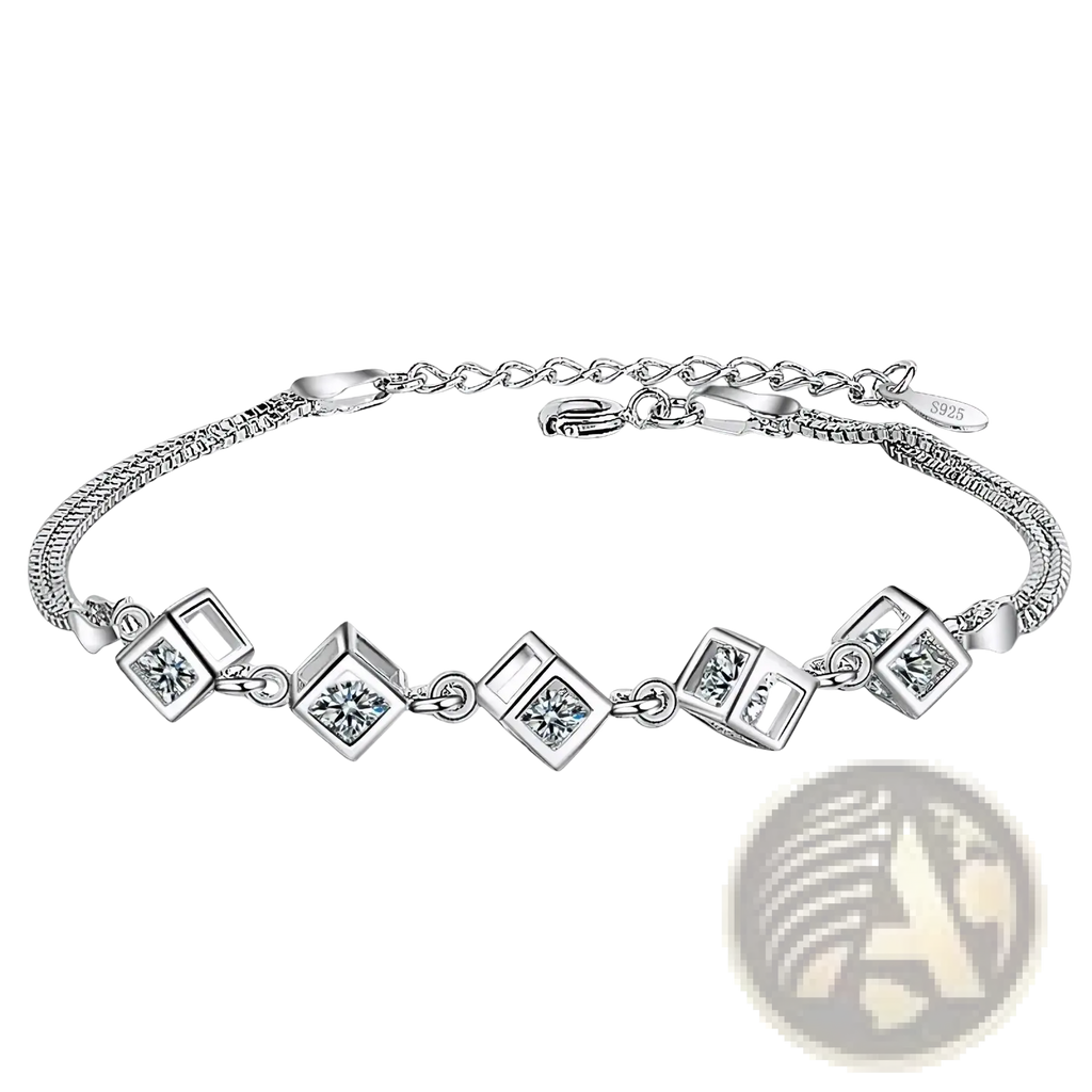 Sterling silver jemmin bracelet with square-cut crystal accents and textured snake-link chain from cube zirconia set