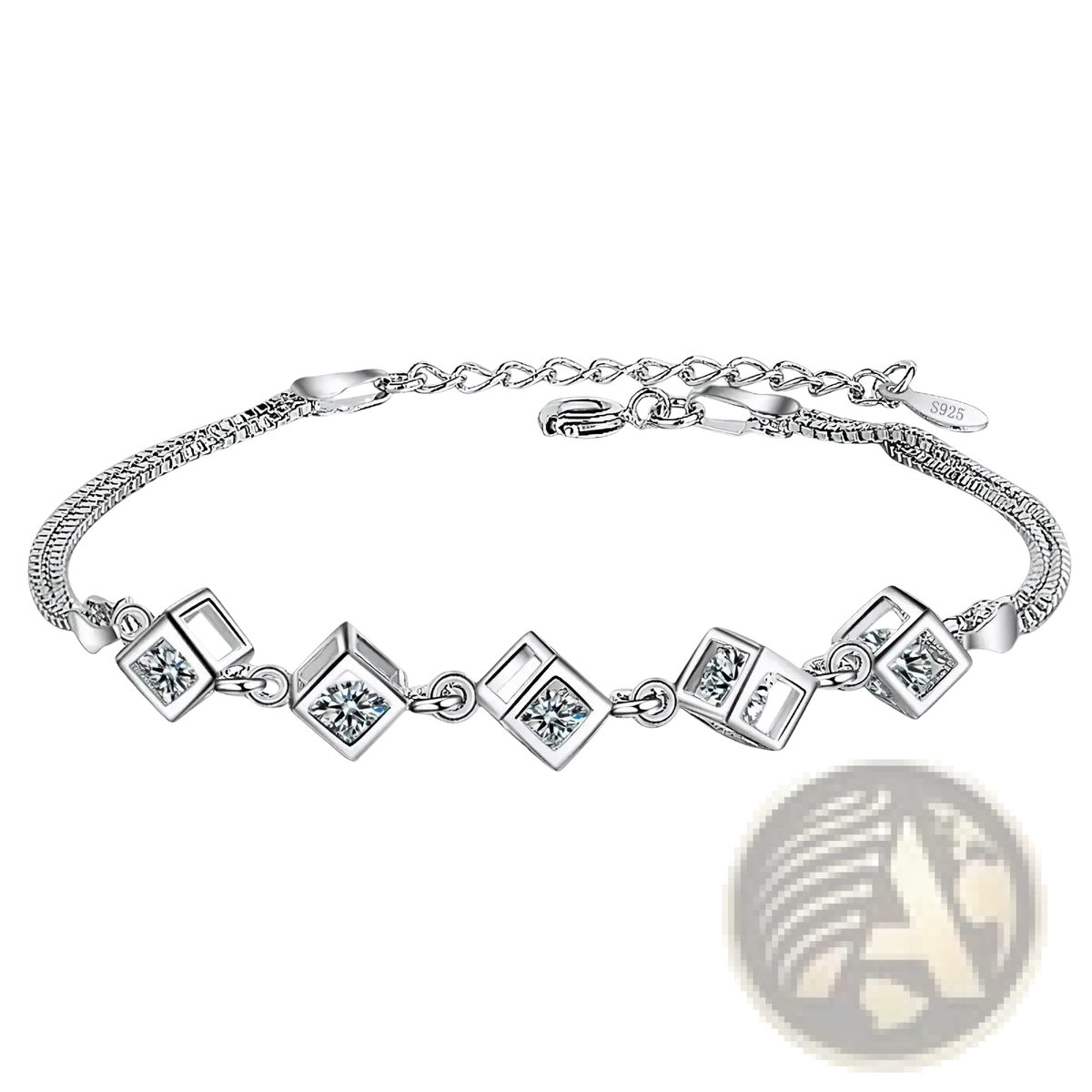 Sterling silver jemmin bracelet with square-cut crystal accents and textured snake-link chain from cube zirconia set