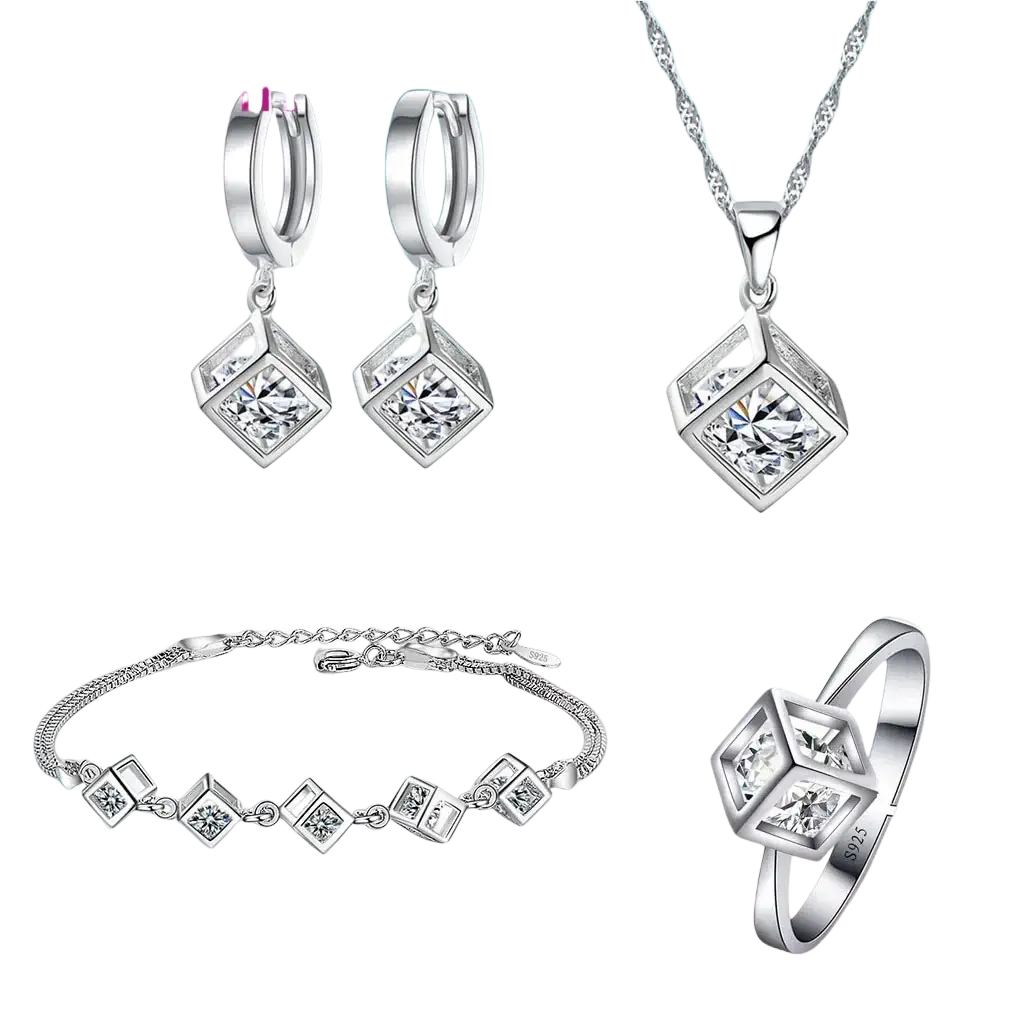 Jemmin sterling silver cube zirconia jewelry set with matching pendant earrings bracelet and ring in silver color