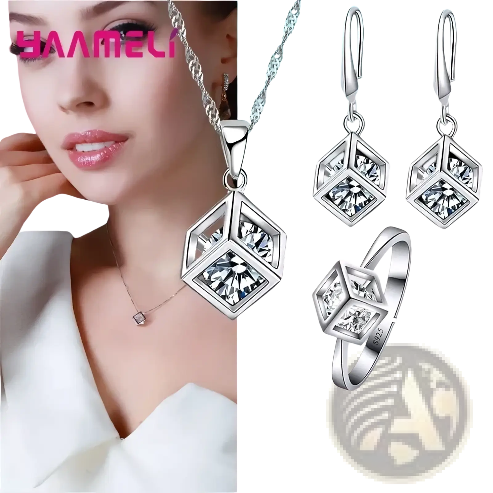 Sterling silver cube pendant necklace with clear zirconia stones in a modern geometric faceted design