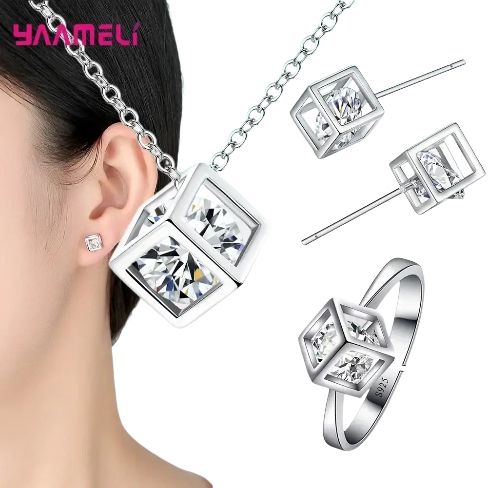 Sterling silver cube jewelry set with clear cubic zirconia stones in a modern geometric design