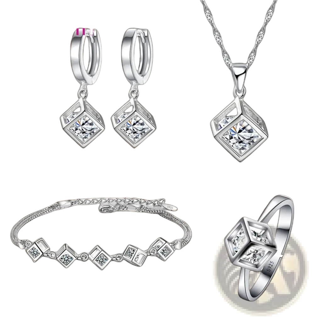 Sterling silver cube zirconia jewelry set with silver-toned geometric design earrings necklace bracelet and ring