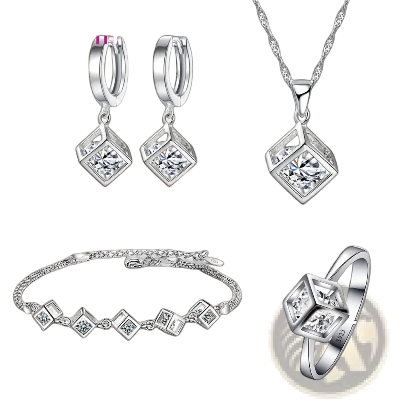 Sterling silver cube zirconia jewelry set with silver-toned geometric design earrings necklace bracelet and ring