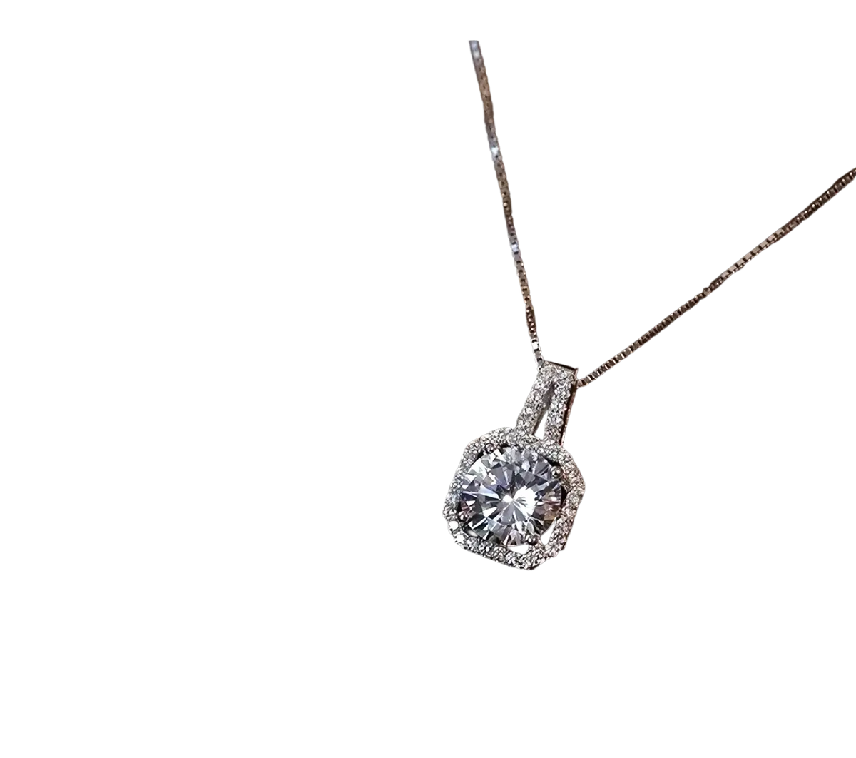 Sterling silver cubic zirconia halo pendant necklace with a round-cut central diamond and octagonal diamond halo setting